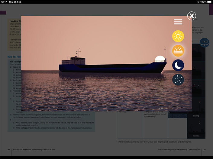 A page from E-G2 International Regulations for Preventing Collisions at sea, showing an interactive 360-degree gallery